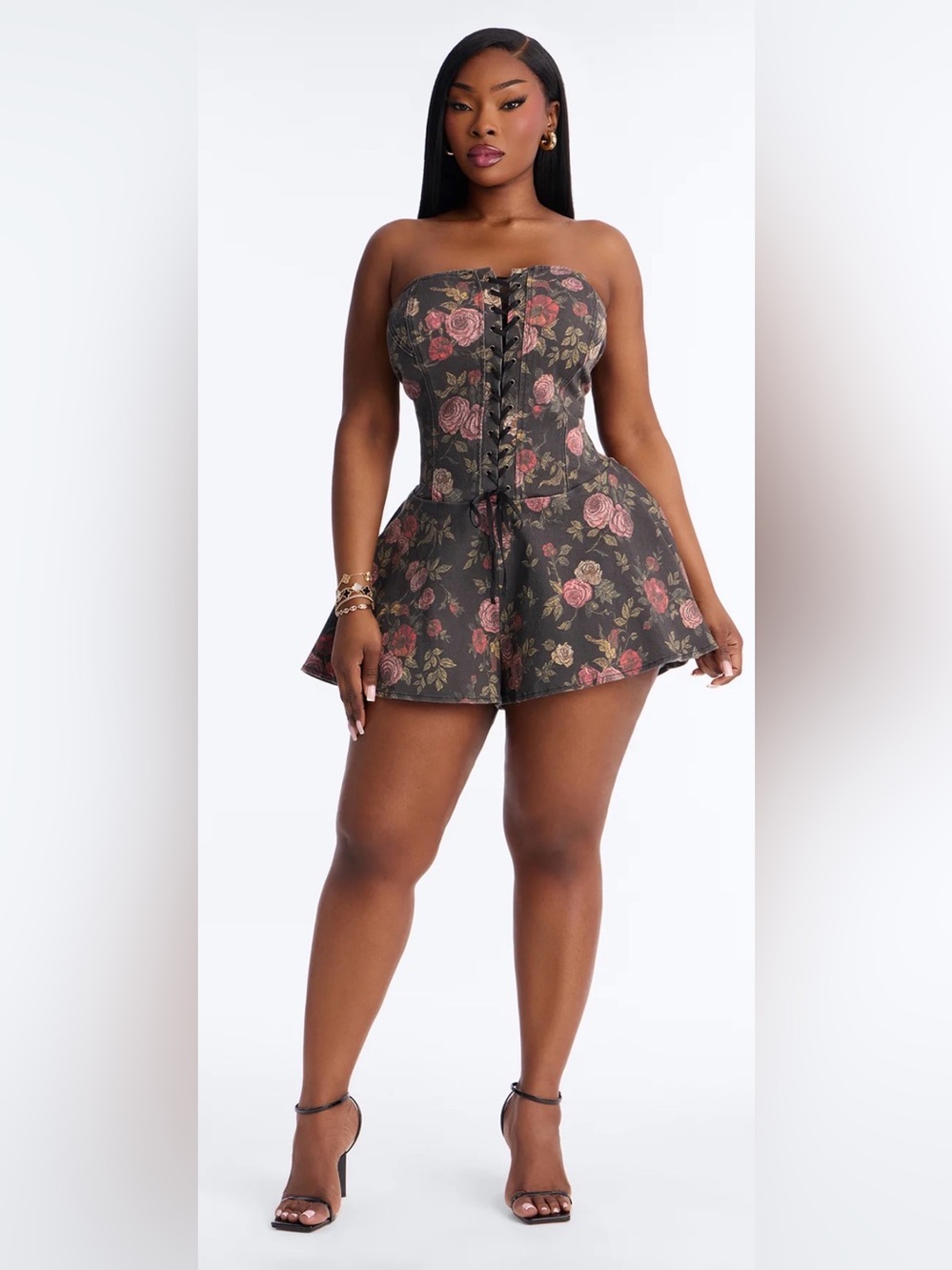 Floral Lace-Up Strapless Romper - Black with Pink Roses
